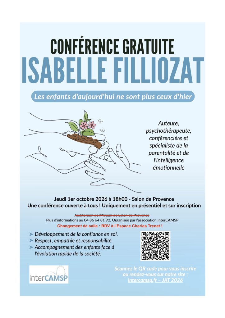 Affiche de la conférence d’Isabelle Filliozat « Les enfants d’aujourd’hui ne sont plus ceux d’hier », le 1er octobre 2026 à Salon-de-Provence